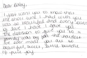 Image of the beginning of the actual letter left inside the Safe Haven Baby Box with baby Mila.