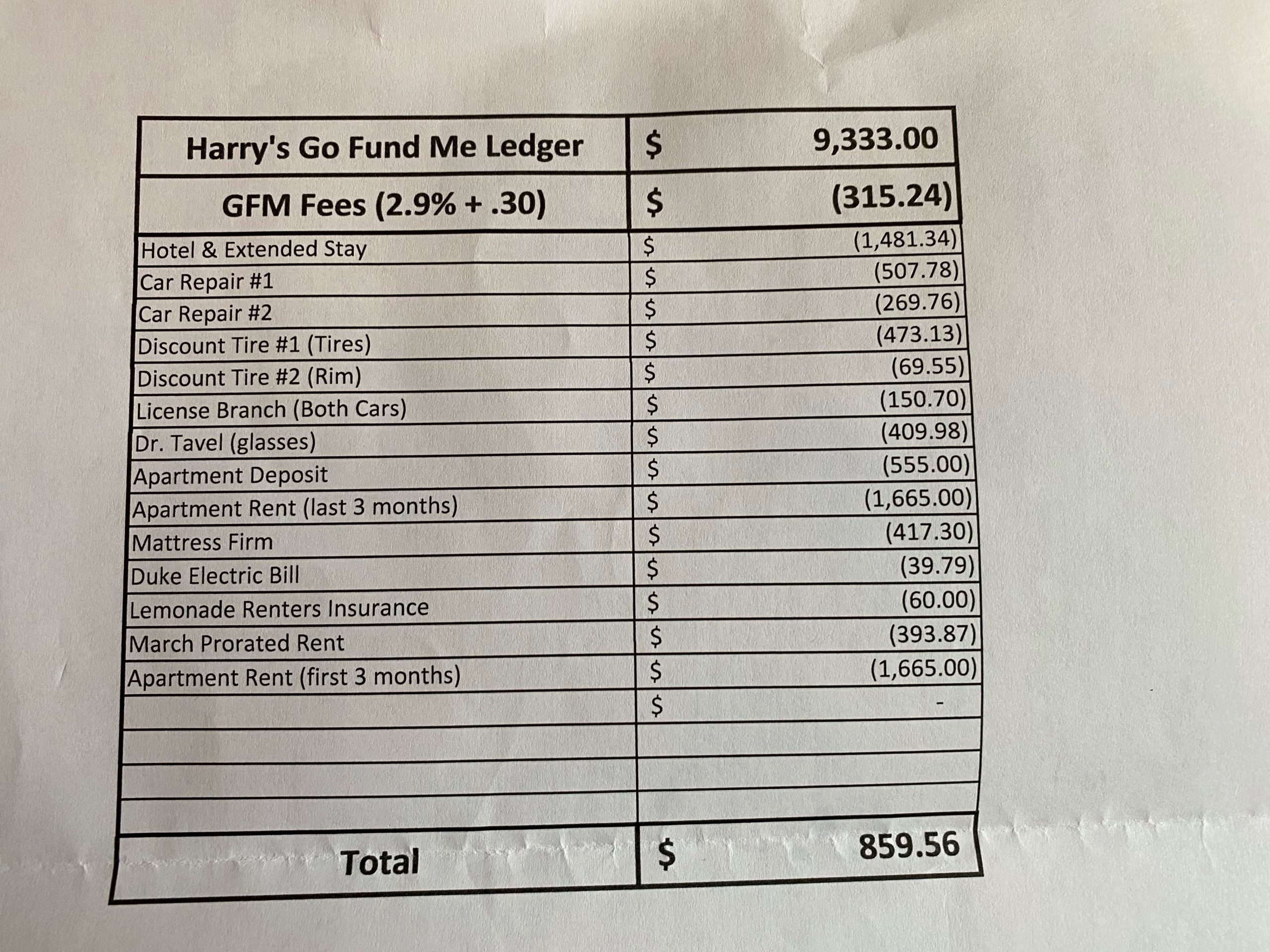 Christine Cole maintains a spreadsheet to keep track of how the money from the GoFundMe for Harry Watson is being spent.