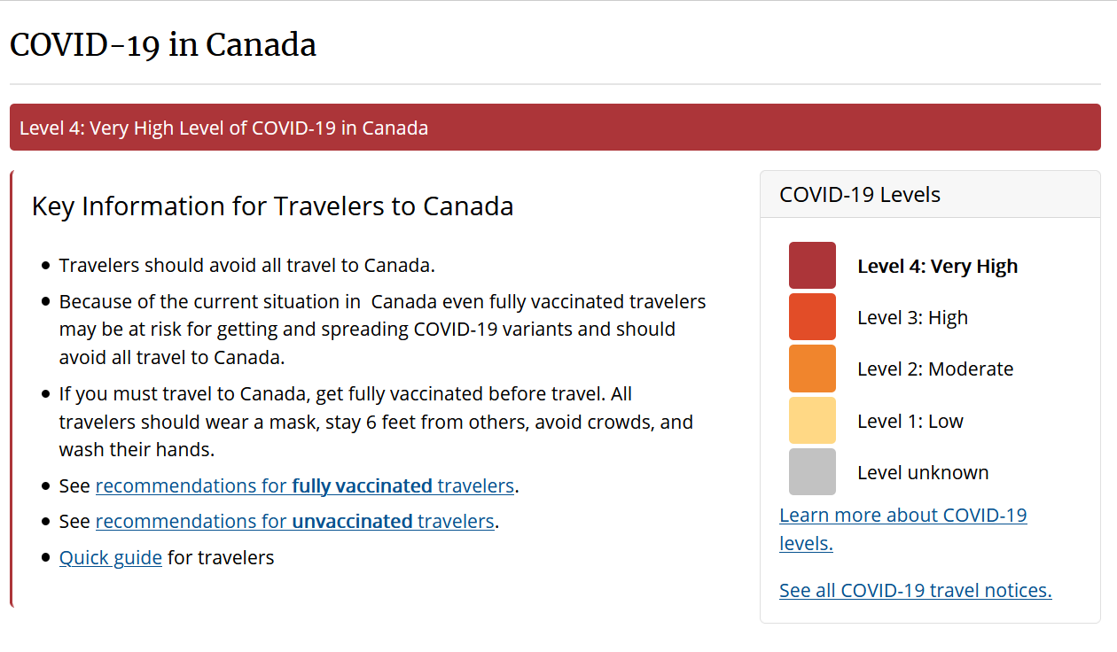 CDC Travel Warning for Canada