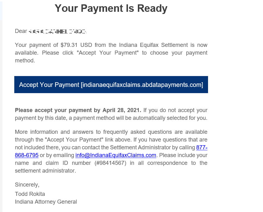 Email about Equifax settlement