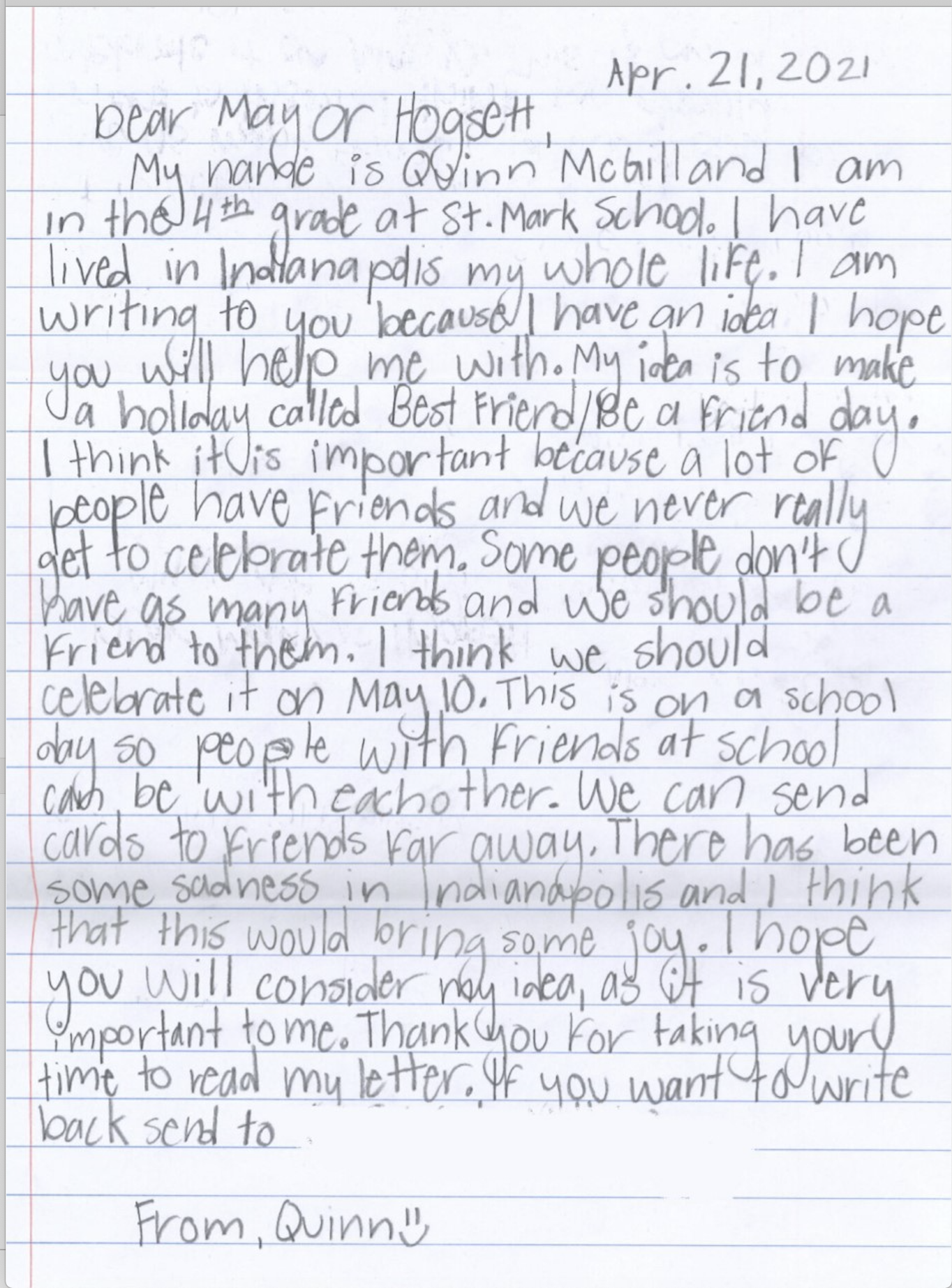 Quinn McGill wrote a letter to the mayor of Indianapolis following the FedEx tragedy. CREDIT: St. Mark Catholic School/Litz Family