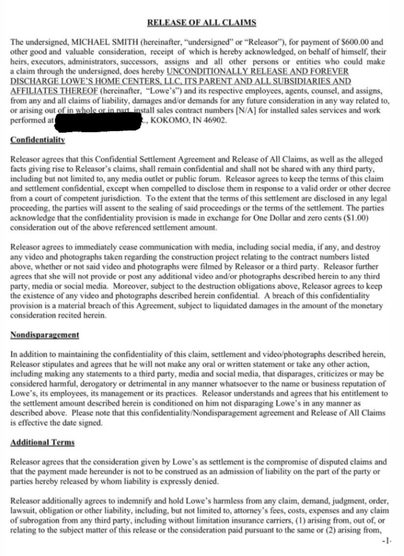 First page of Release of All Claims form