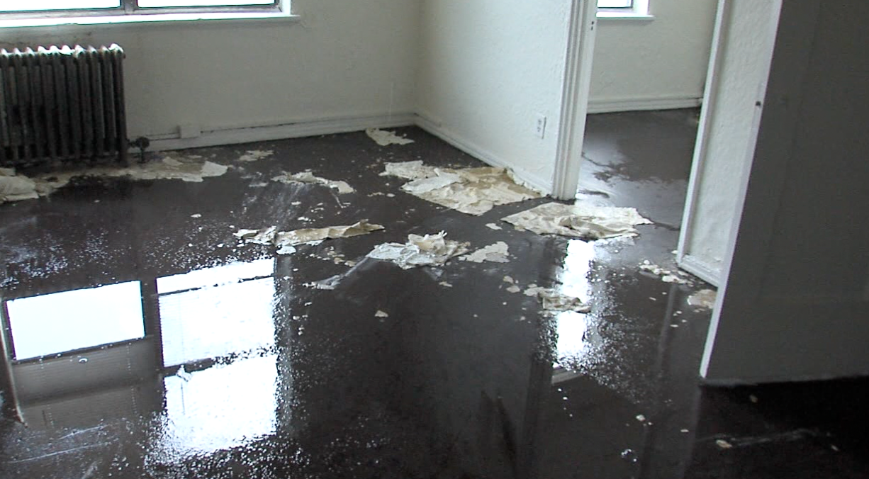 Water and ceiling material on apartment floor