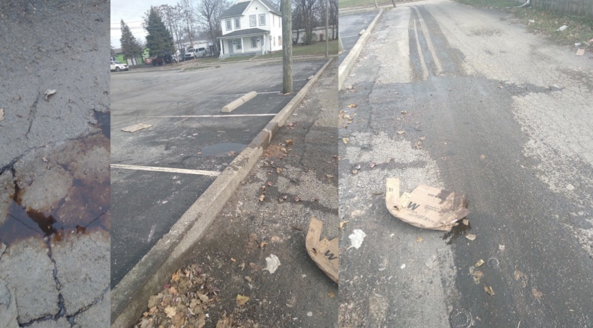 Pictures of oil in an alley near Washington St and Sherman Dr.
