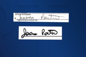 Jessica Poertner says the above signature is hers, but the one below it is not.  She filed a complaint against Napleton Kia of Fishers alleging they violated the Indiana Deceptive Consumer Sales Act and the federal Truth in Lending Act.
