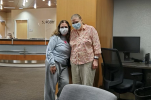 Penny Givan and Annie Travis are at IU Health University Hospital before surgery.