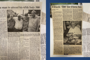 Newspaper clippings of Bill Kearns Indy 500 attendance milestones