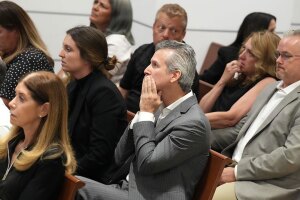 Max Schachter reacts as video and audio are played from inside a classroom as bullets are fired into it during the penalty phase of the trial of Marjory Stoneman Douglas High School shooter Nikolas Cruz at the Broward County Courthouse in Fort Lauderdale on Monday, July 18, 2022. His son Alex was killed in the shooting. 