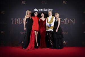 From left, Eve Best, Emily Carey, Olivia Cooke, Emma D'Arcy and Milly Alcock pose for photographers upon arrival for the premiere of the TV Series 'House of the Dragon' in London, Monday, Aug. 15, 2022. (Photo by Scott Garfitt/Invision/AP)