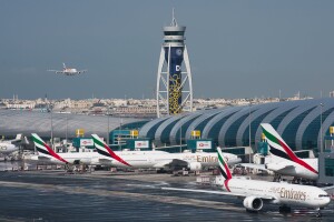 jetliner comes in for landing at the Dubai International Airport
