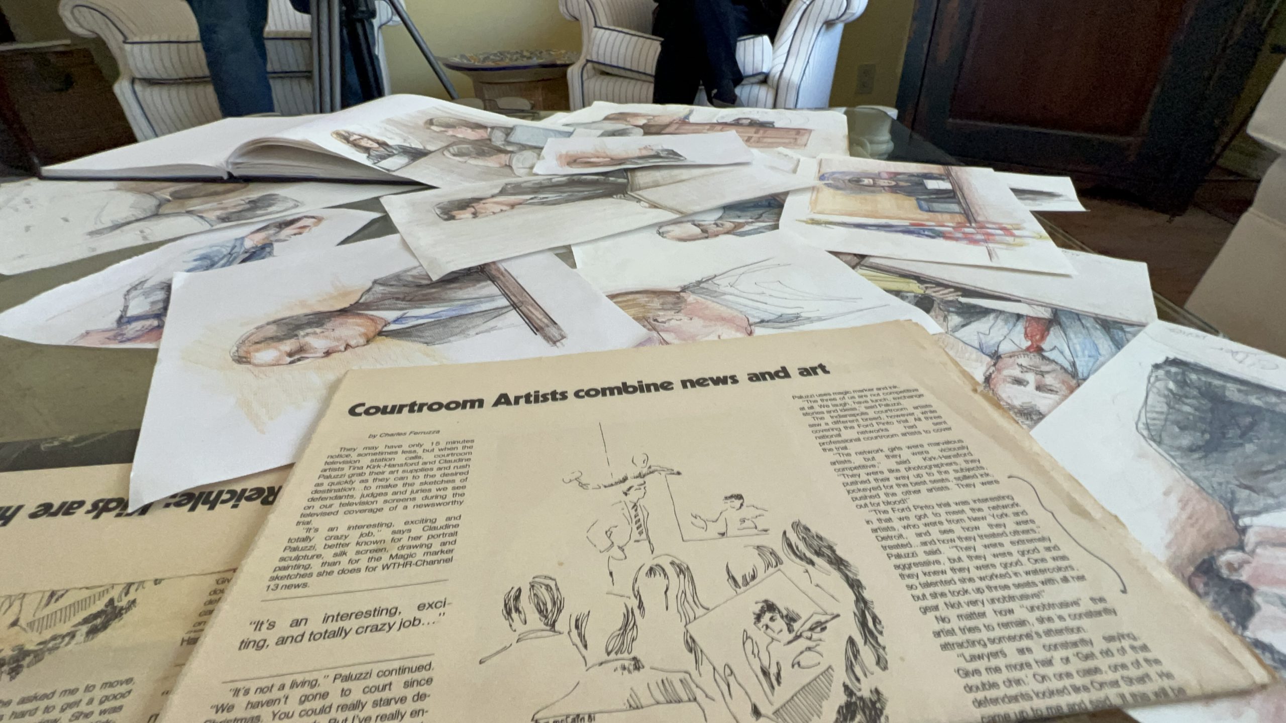 Newspaper clippings and sketches collected by Tina Hansford