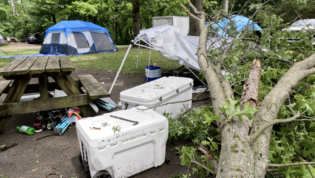 Three were hospitalized after part of a tree fell on them at a campsite in Union County, Indiana