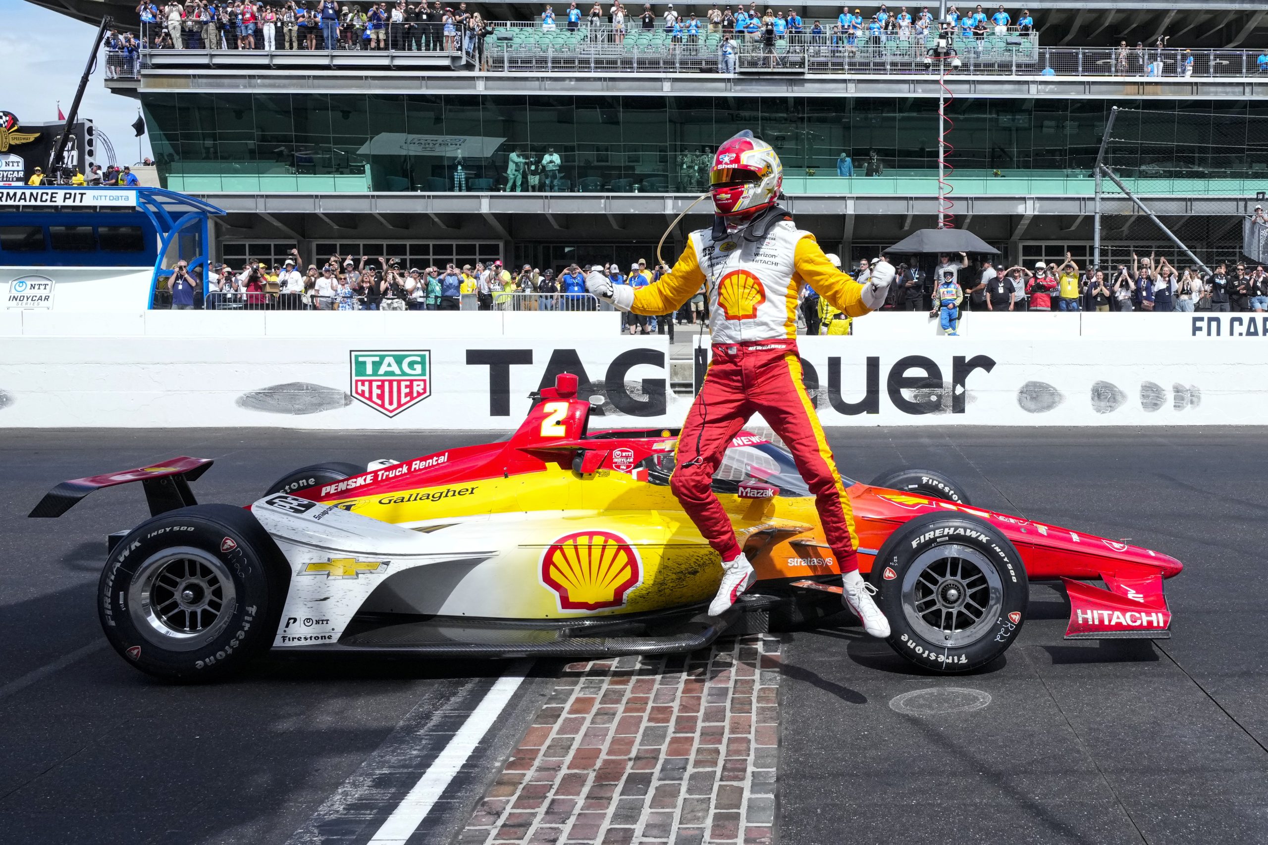 Josef Newgarden celebrates after winning 2023 Indianapolis 500