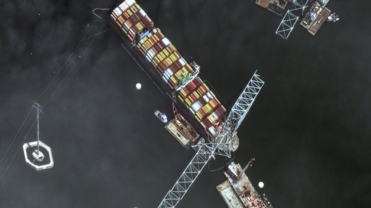 Satellite image shows wreckage from the collapsed Francis Scott Key Bridge in Baltimore.