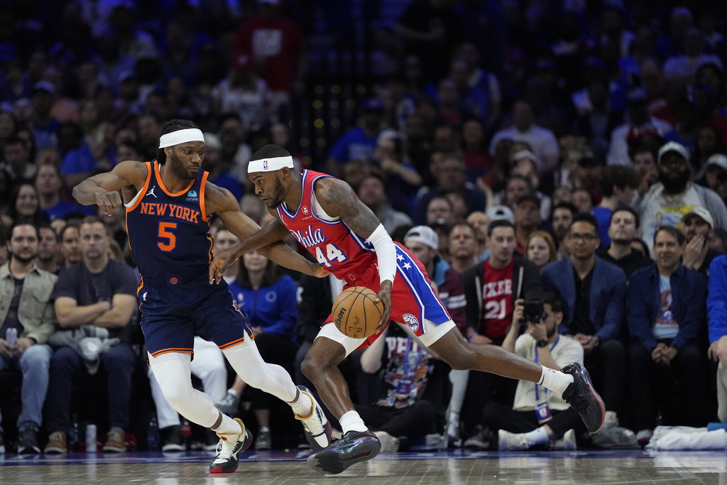 Philadelphia 76ers' Paul Reed plays against New York Knicks' Precious Achiuwa