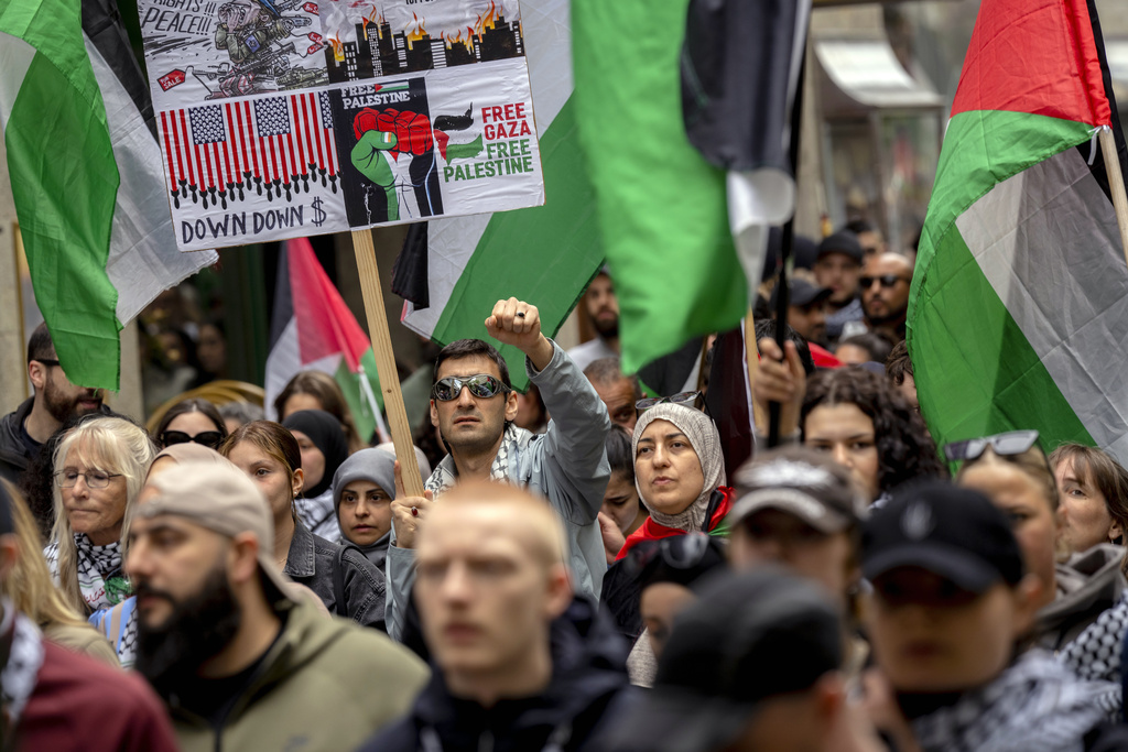 Demonstrators take part in a protest against Israel's participation in Eurovision.