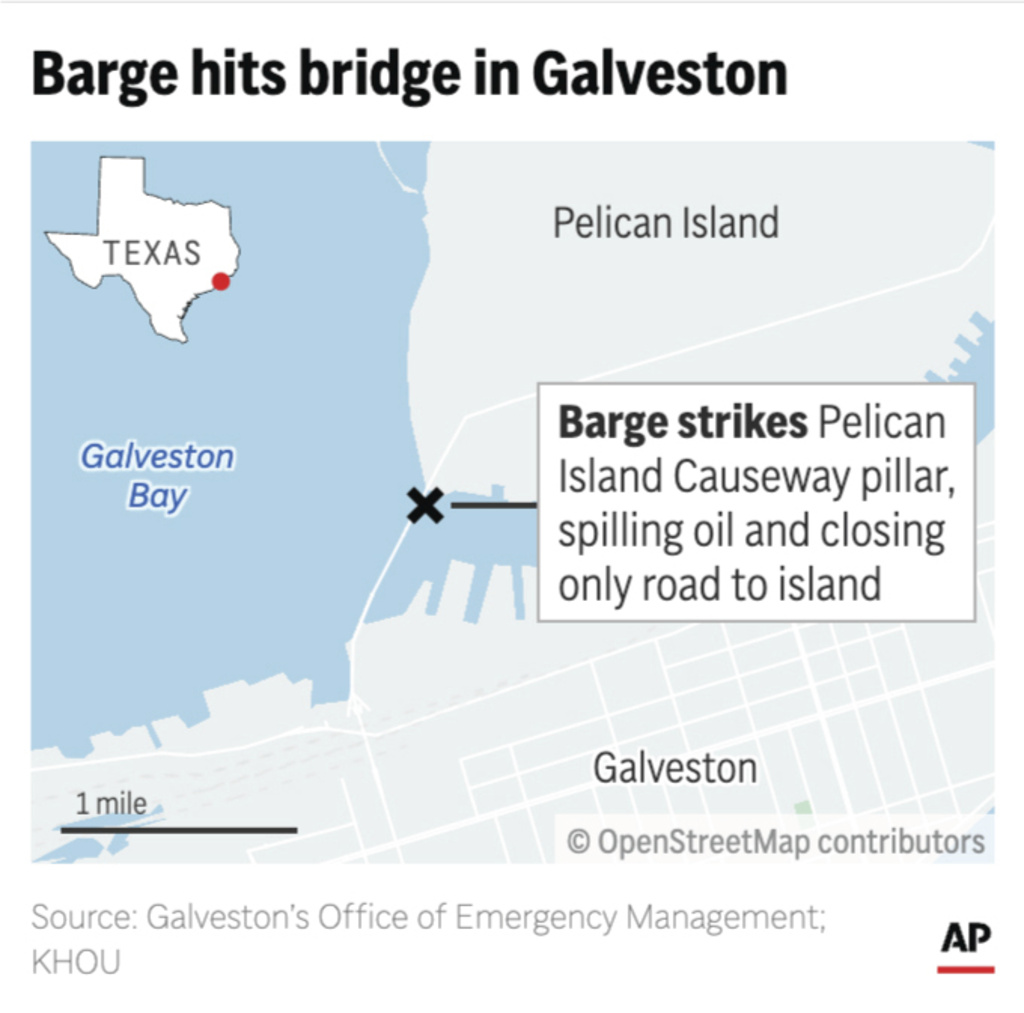 Map showing the location where a barge collided with a Texas bridge.