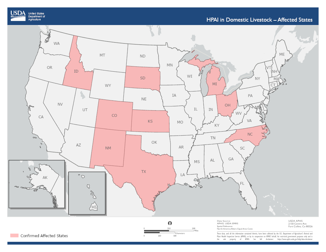States with confirmed cases of HPAI in domestic livestock are highlighted.