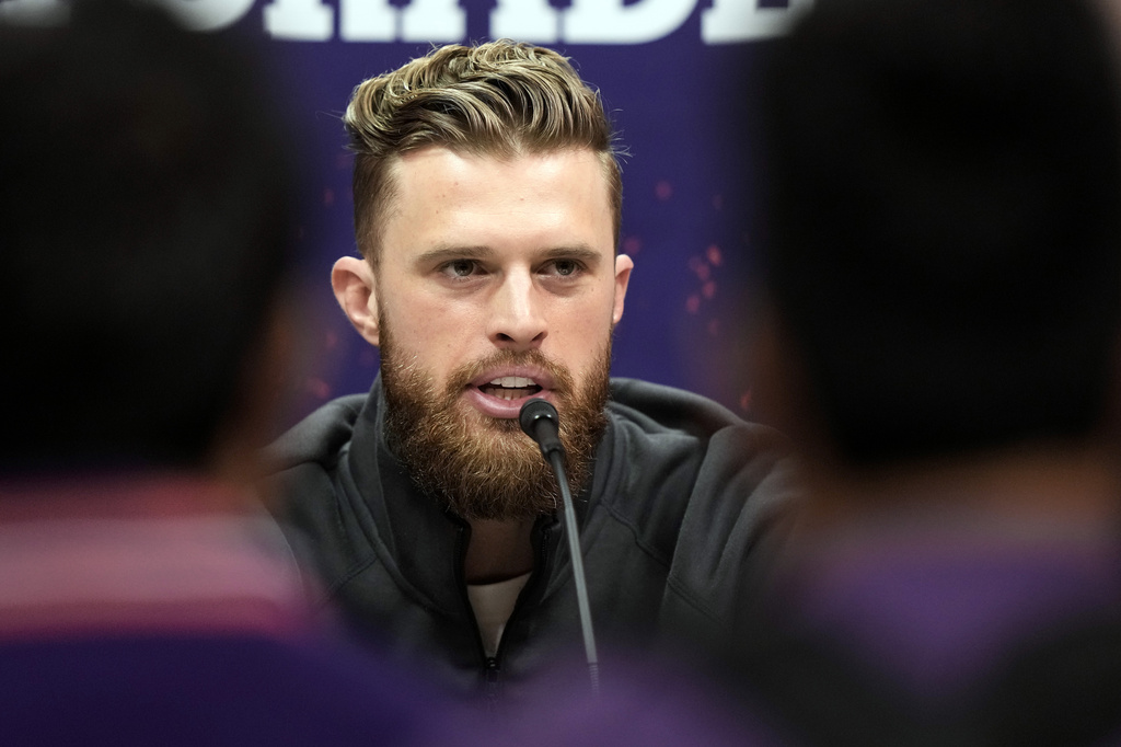 Kansas City Chiefs kicker Harrison Butker speaks to the media during NFL football Super Bowl 58 opening night.