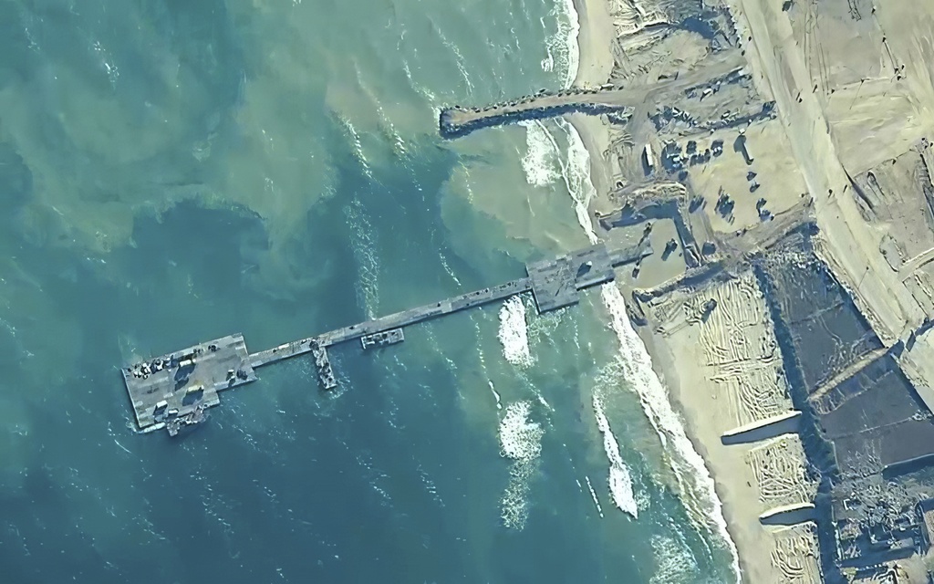 Aerial view of a U.S.-built floating pier to be used for aid deliveries into the Gaza Strip.