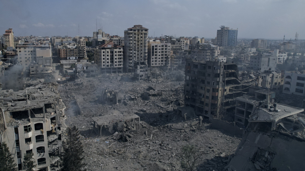 An aerial view of rubble in Gaza City.