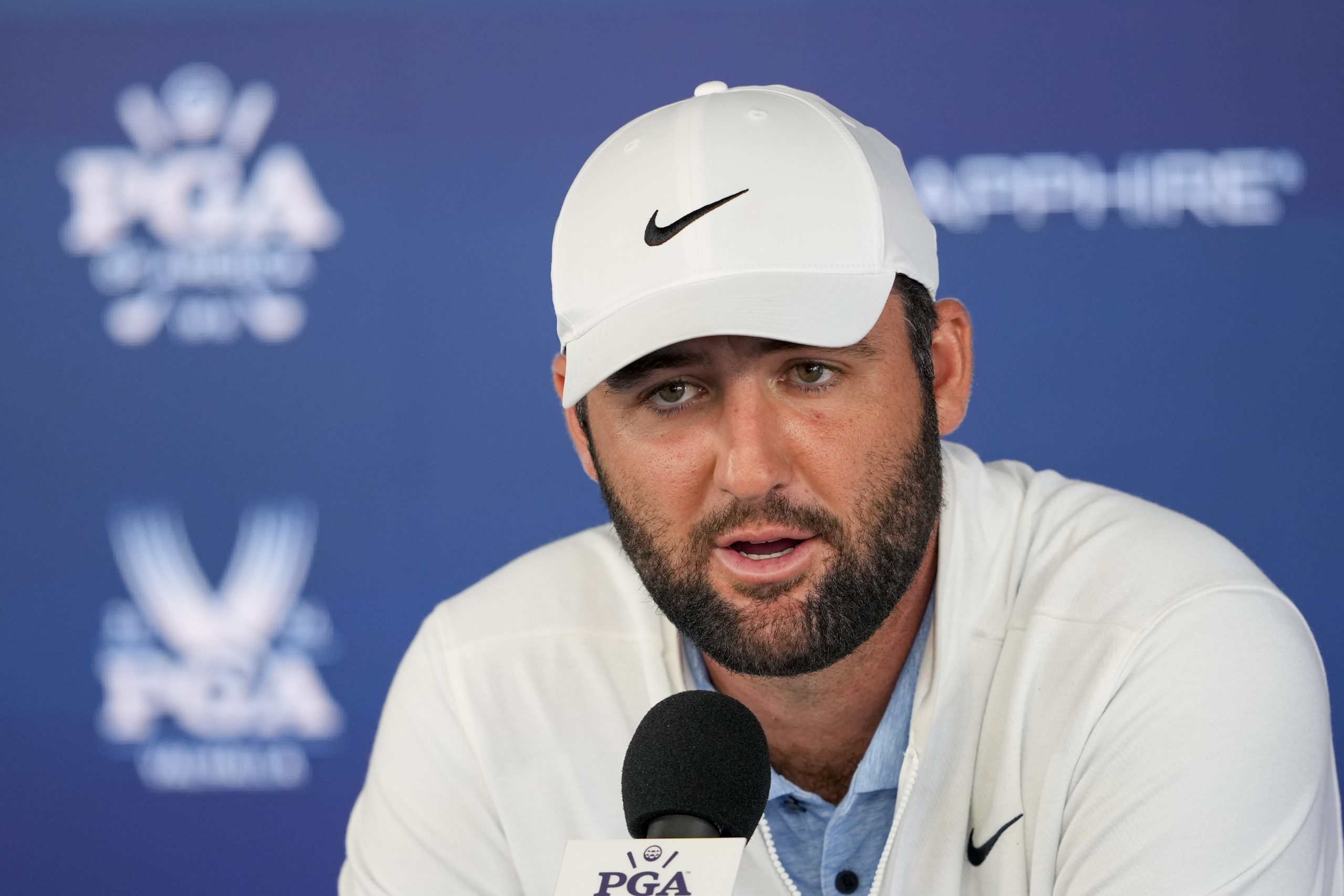 Scottie Scheffler speaks during a news conference after the second round of the PGA Championship golf tournament at the Valhalla Golf Club.