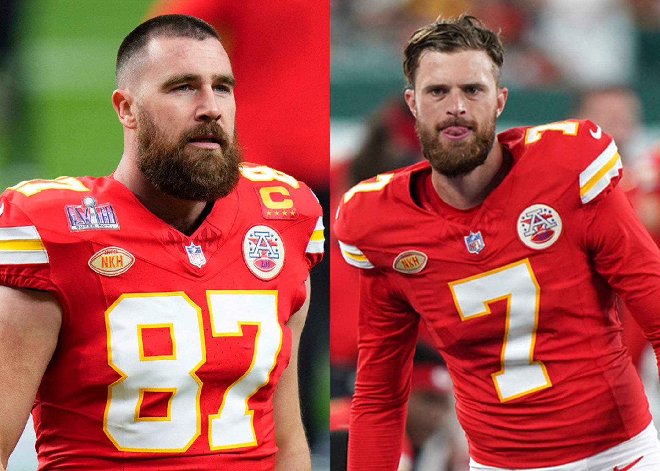 Travis Kelce is pictured next to Harrison Butker.