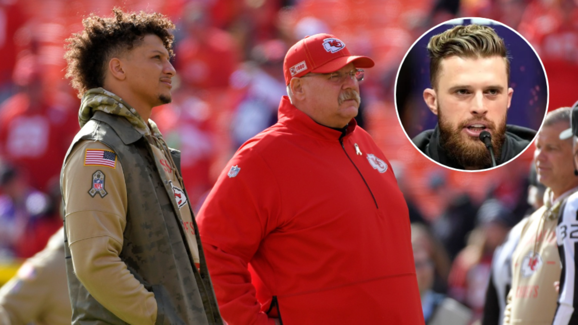 From left, Kansas City Chiefs quarterback Patrick Mahomes, head coach Andy Reid, and kicker Harrison Butker.