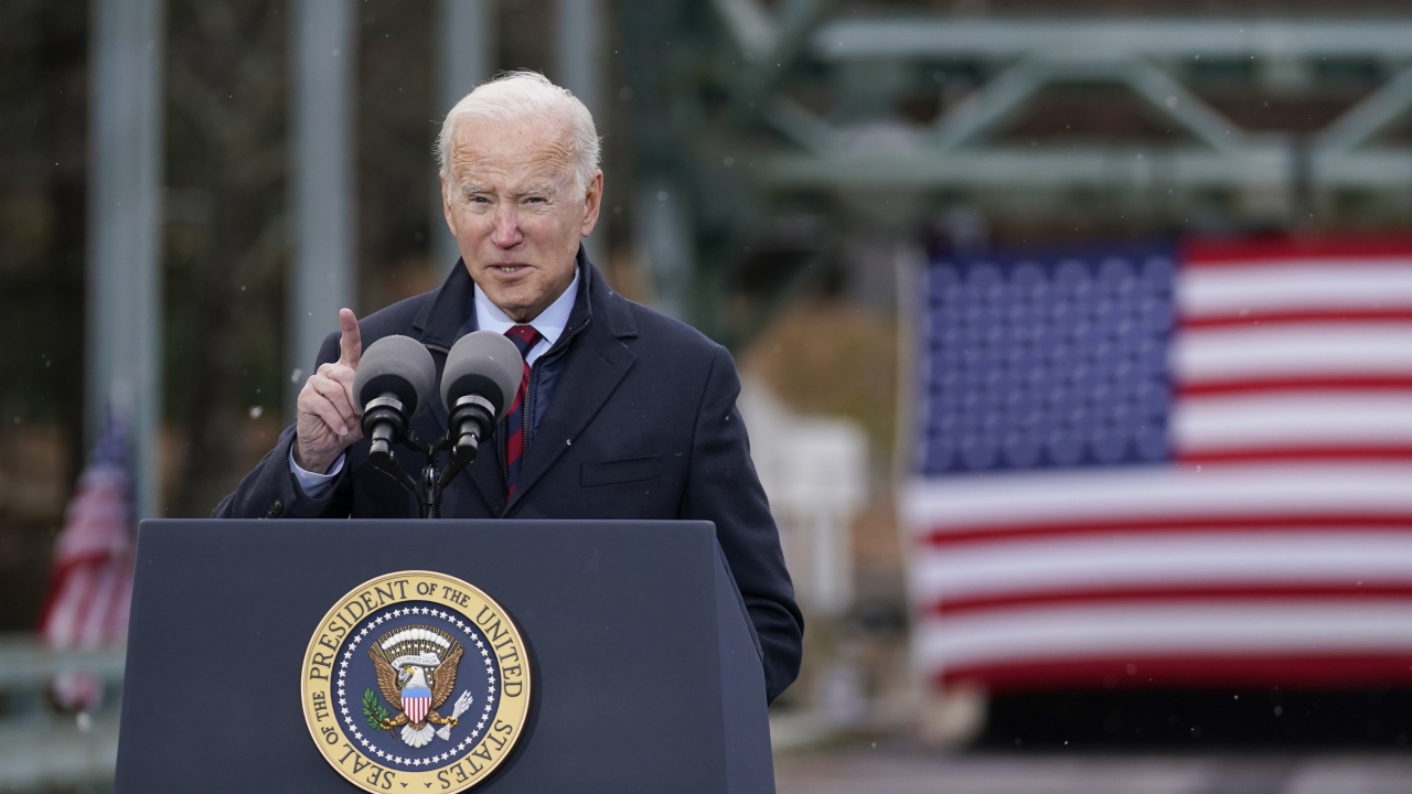 President Joe Biden speaking while visiting the NH 175 bridge over Pemigewasset River to promote infrastructure spending.