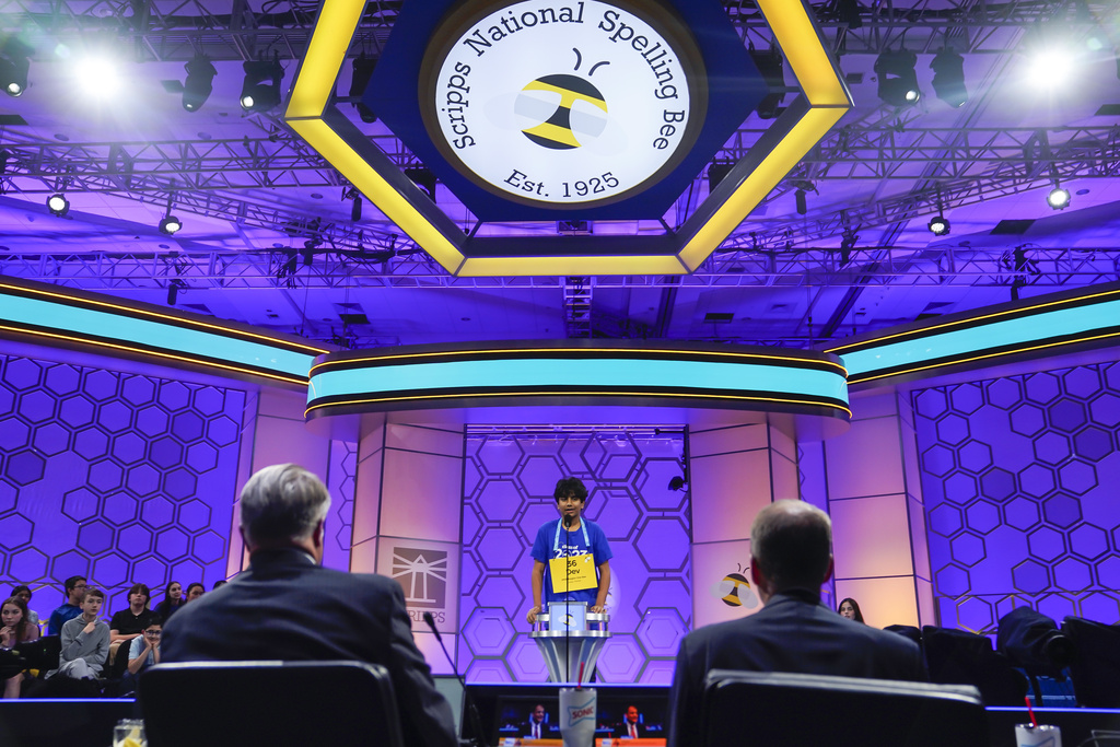 Spelling Dev Shah from Largo, Florida, spells his winning word during the Scripps National Spelling Bee in 2023.