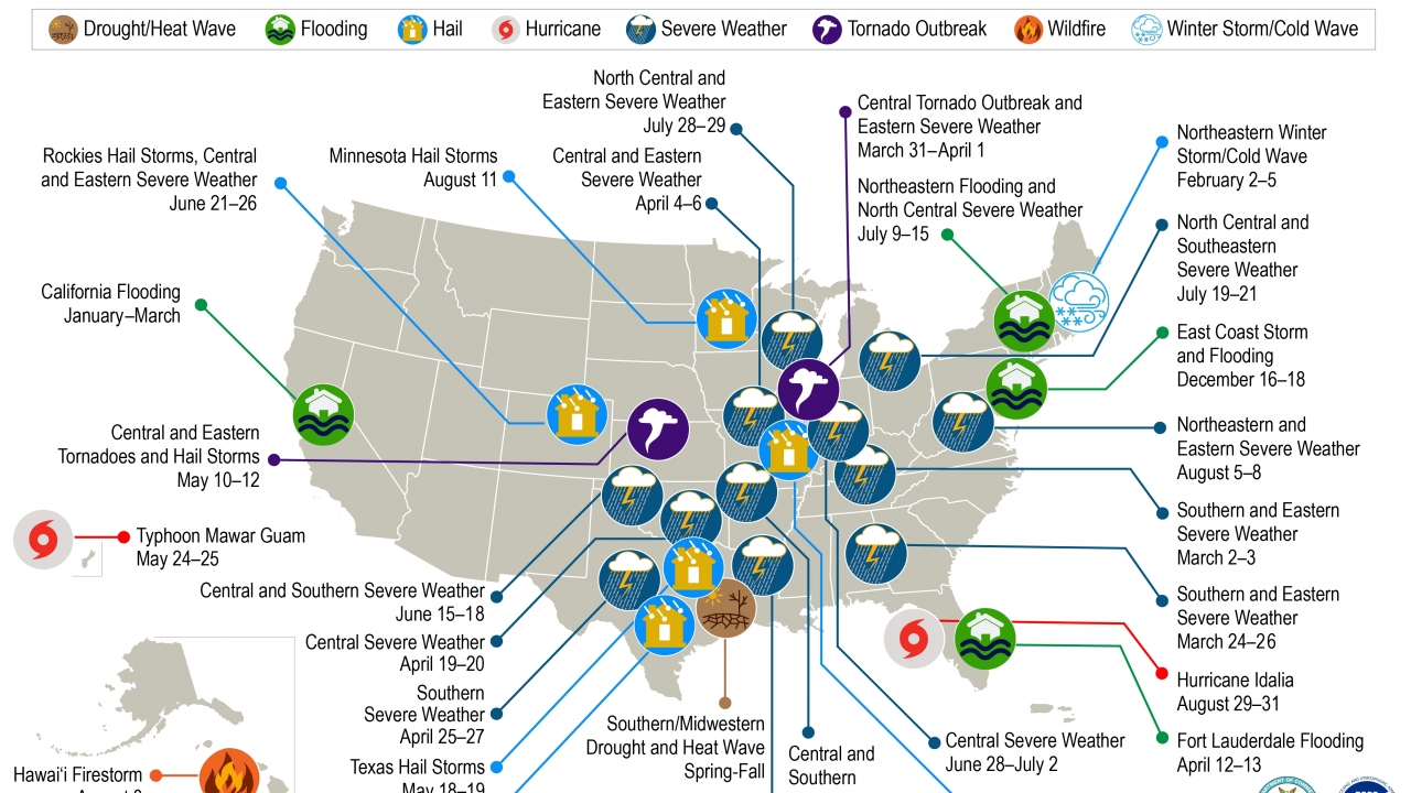 A map of billion-dollar disasters in the U.S. in 2023