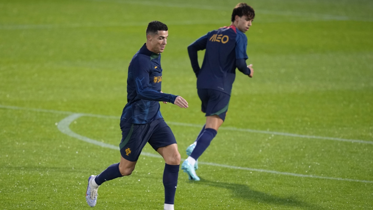 Cristiano Ronaldo runs during a Portugal soccer team training in Oeiras, outside Lisbon