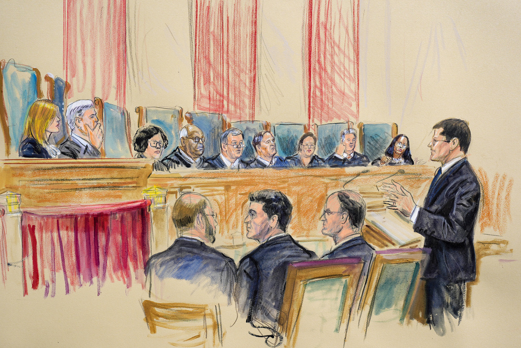 The artist sketch depicts former President Donald Trump's attorney John Sauer, far right, speaking before the Supreme Court.