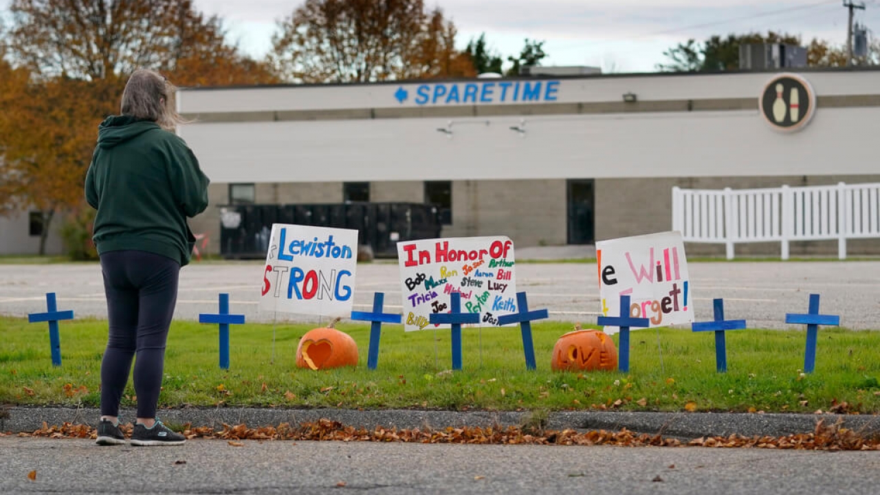A memorial at the scene of a mass shooting in Lewiston, Maine