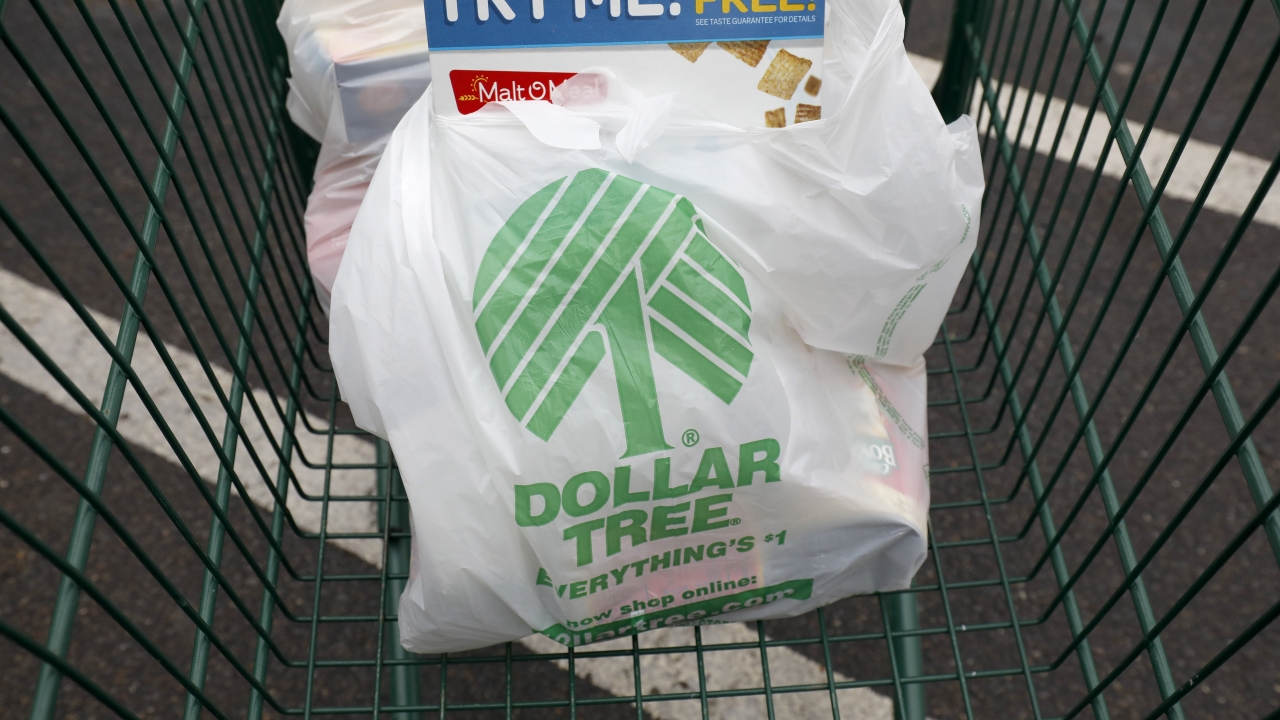 Dollar Tree shopping bags rest in a shopping cart