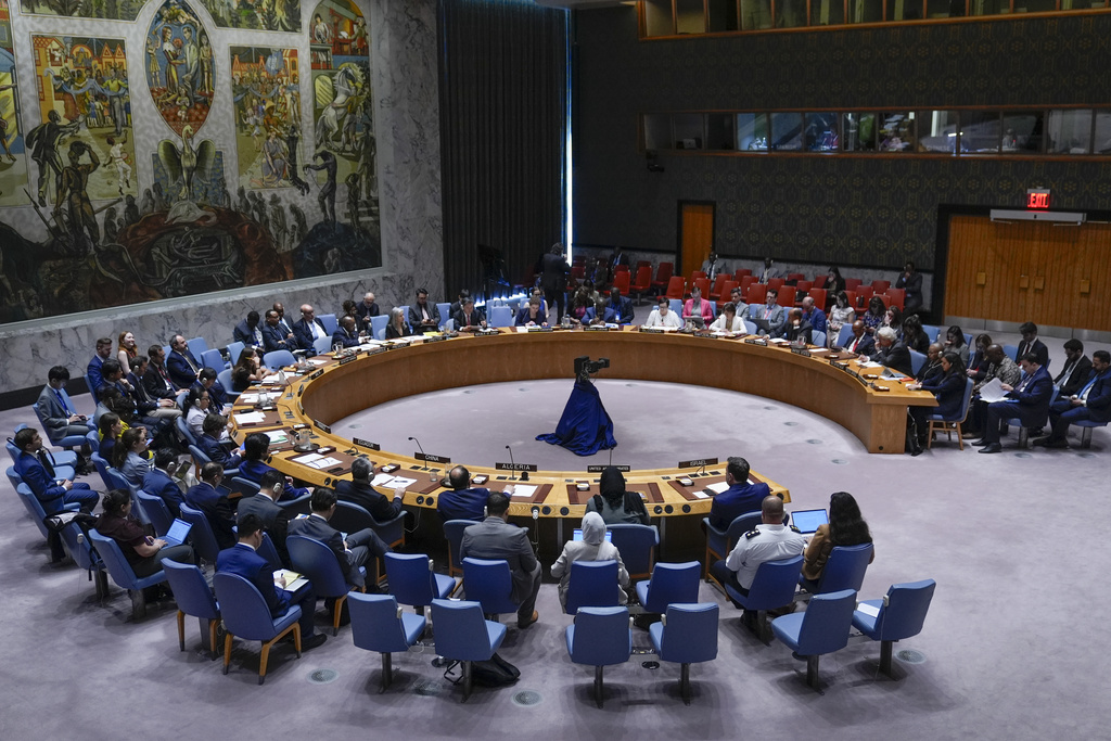 People speak during a Security Council meeting about the war in Gaza at United Nations headquarters