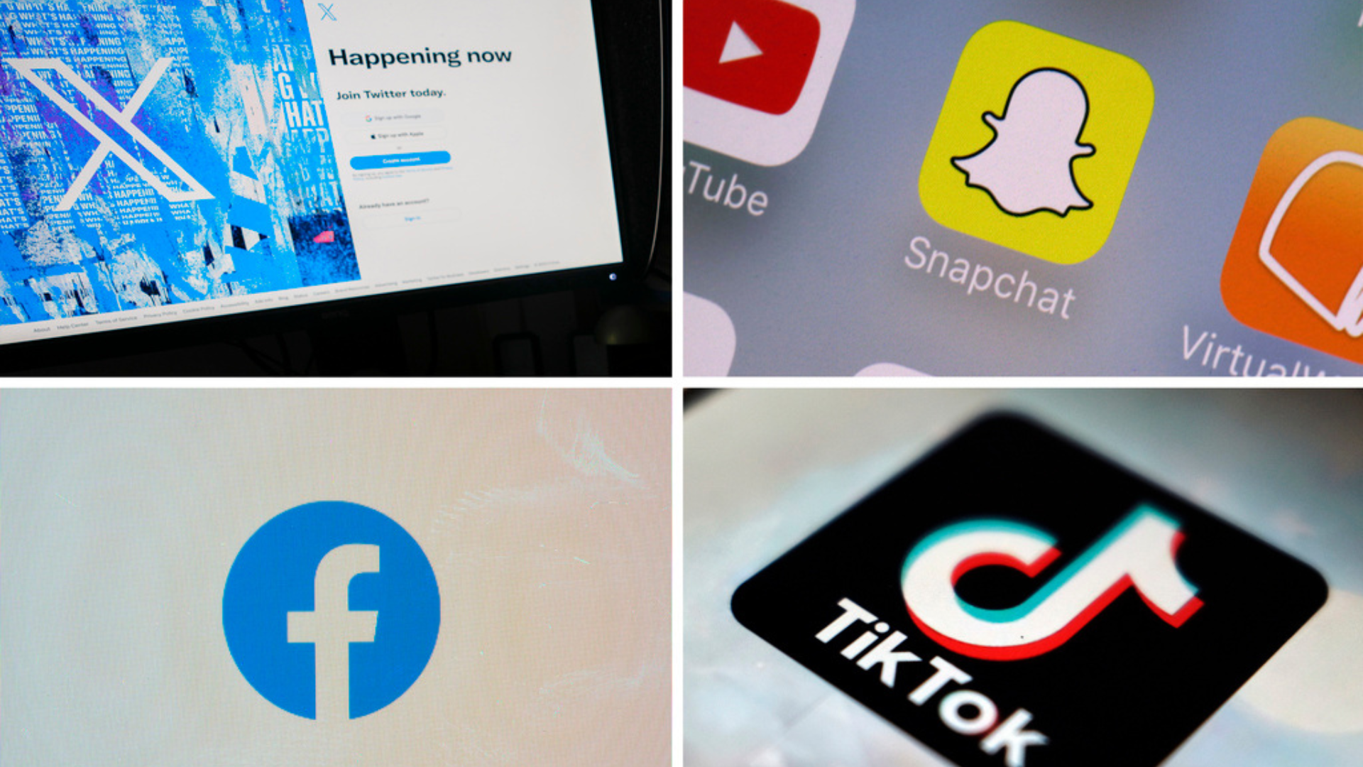 This combination of photos shows logos of X, formerly known as Twitter, top left; Snapchat, top right; Facebook, bottom left; and TikTok.