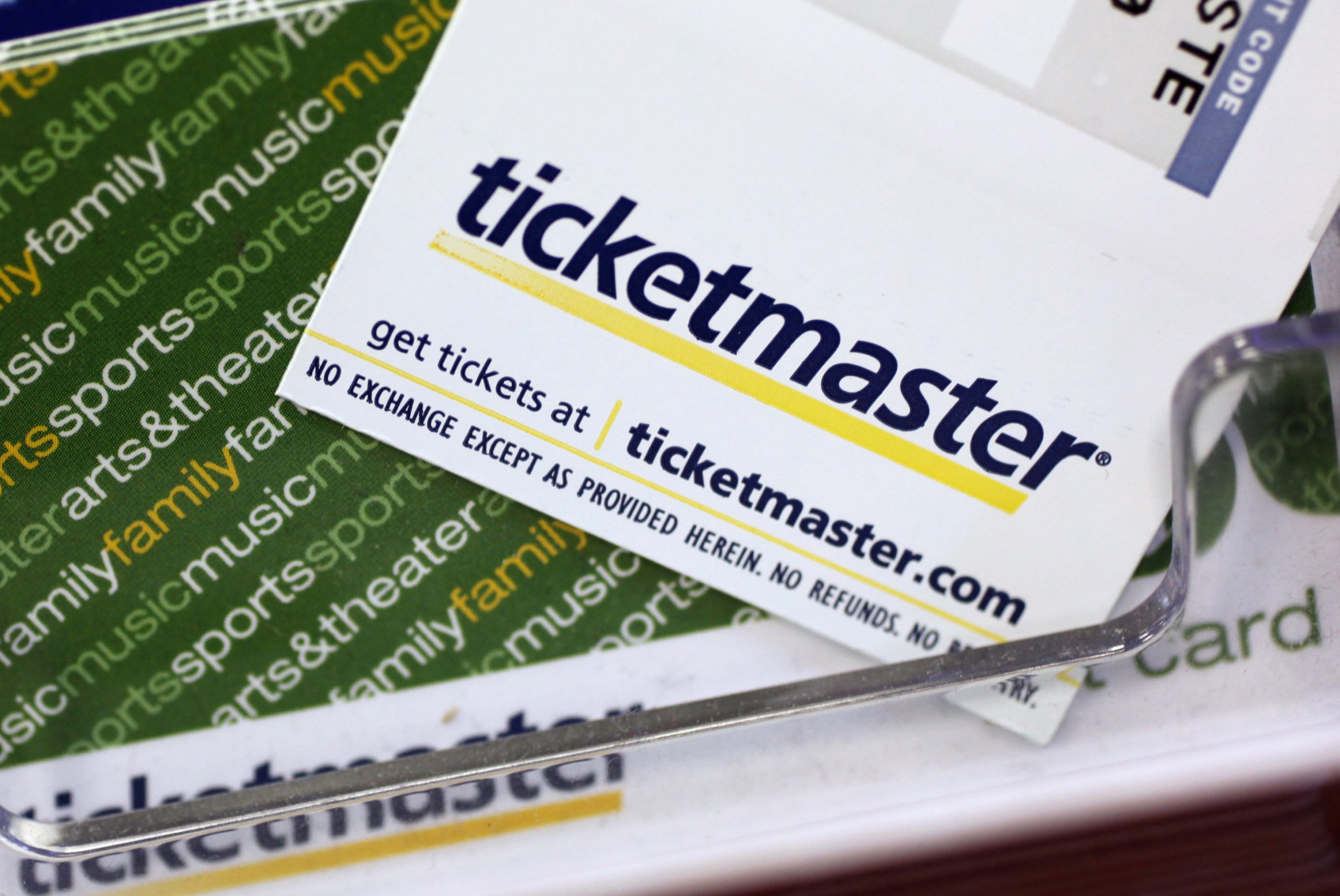 Ticketmaster tickets and gift cards are shown at a box office.