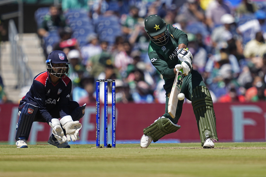 Pakistan's Shadab Khan plays a shot during the ICC Men's T20 World Cup cricket match