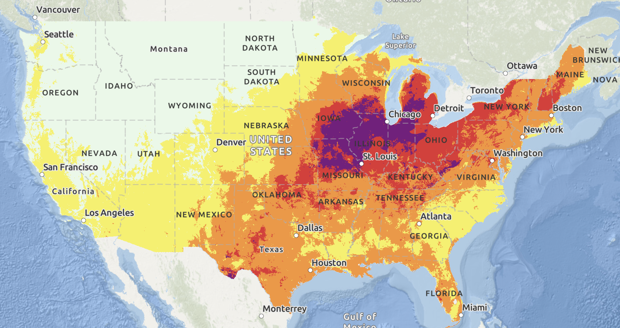 Map of US showing extreme heat in Midwest.