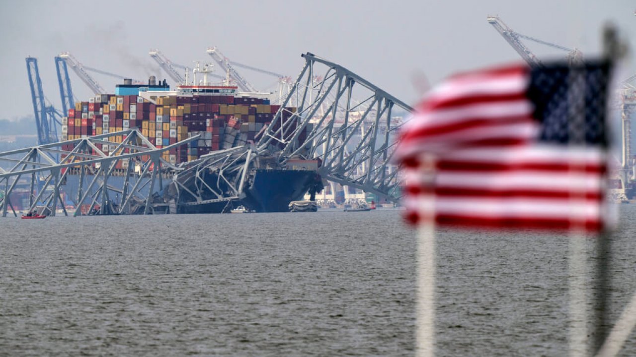 A view of the destroyed Francis Scott Key Bridge in Maryland