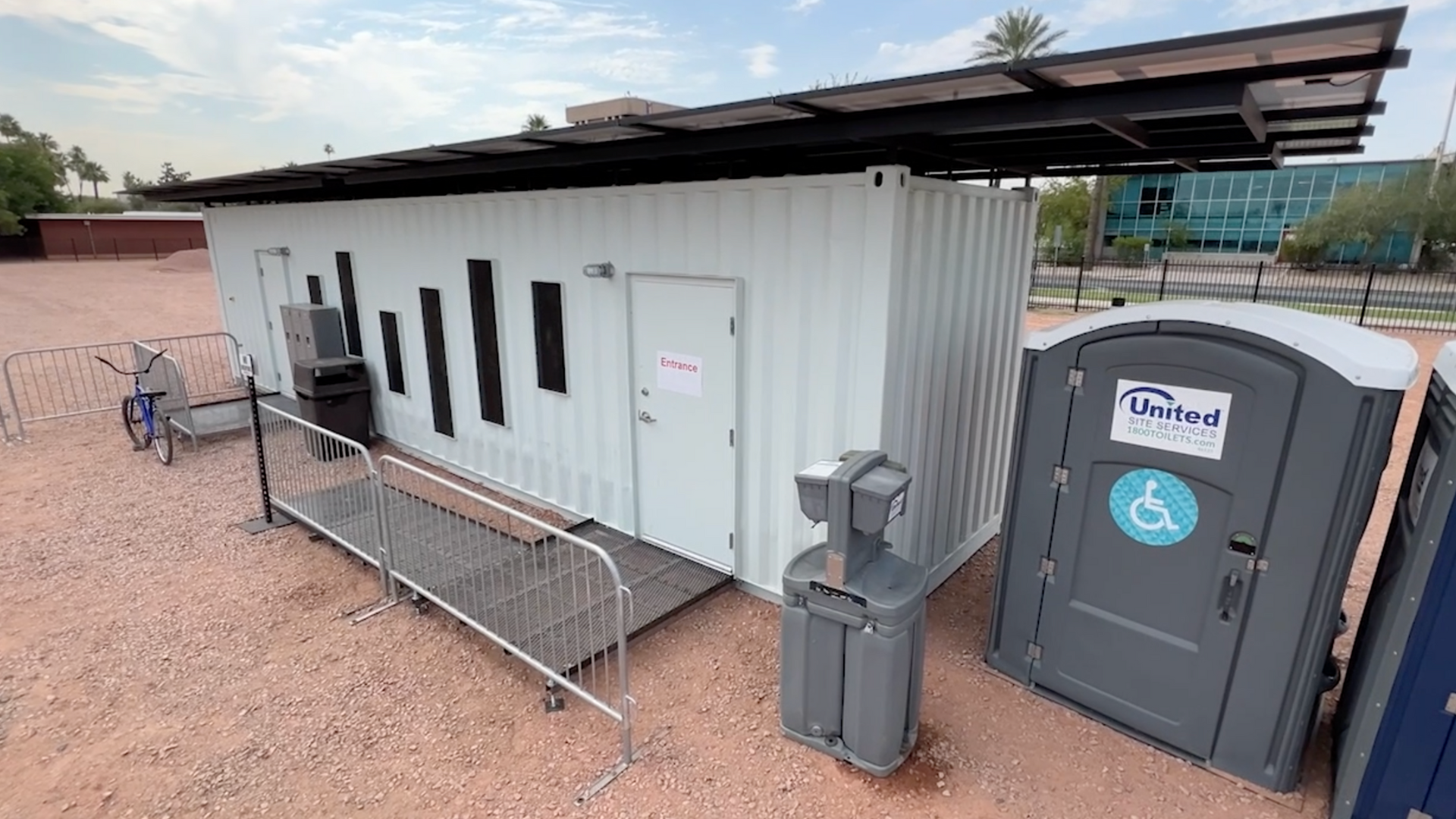 A shipping container repurposed as a cooling center.