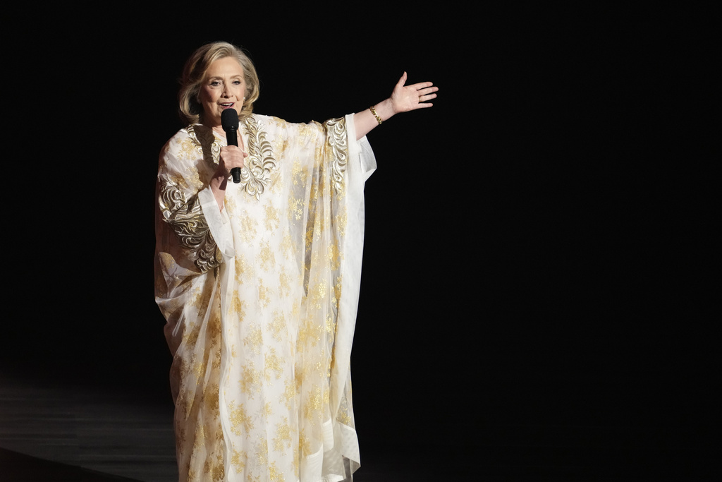 Hilary Clinton speaks during the 77th Tony Awards