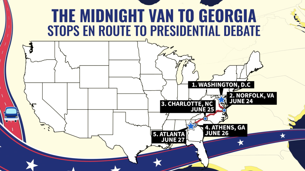 A map shows Scripps News' route on "The Midnight Van To Georgia" for the presidential debate.