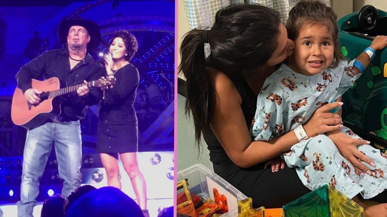 Danielle Moreland sings with Garth Brooks in one image, and is pictured with her daughter Lily in another