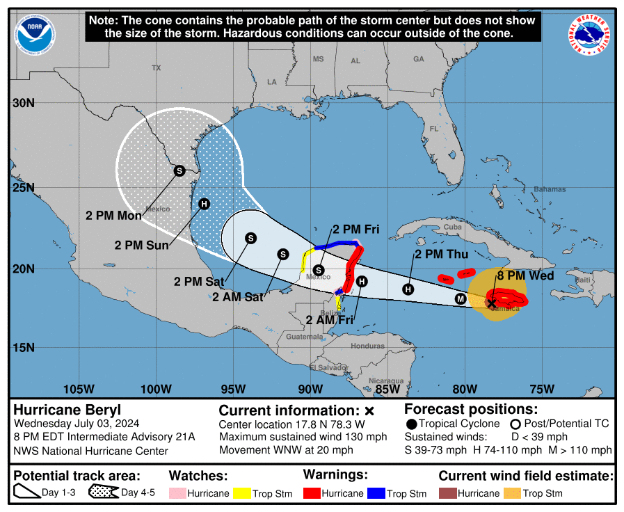A map forecasting the path of Hurricane Beryl as of Wednesday, July 3.