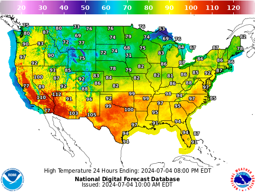 Map of the U.S. showing high temperatures for July 4, 2024.
