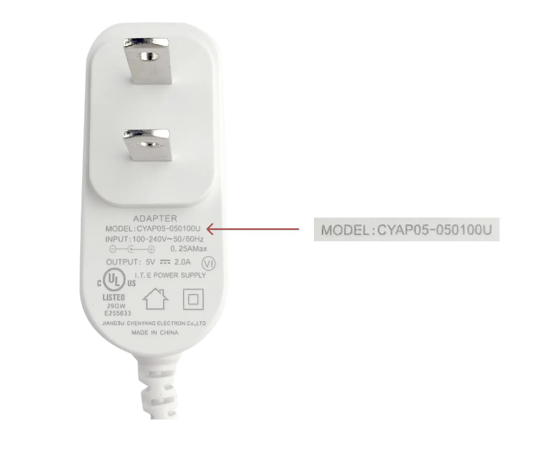 Identifier for the recalled Hatch Baby 1st Generation sound machine power adapters.