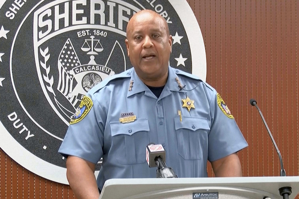 Calcasieu Parish Sheriff Gary "Stitch" Guillory speaking at a press conference.