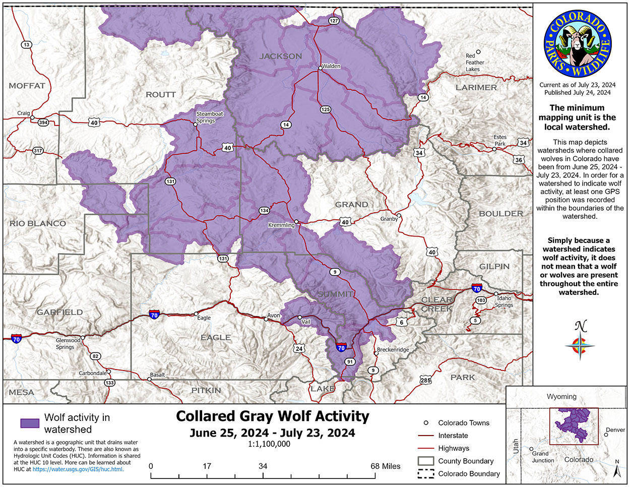 Colorado Parks and Wildlife wolf map June 25-July 23 2024